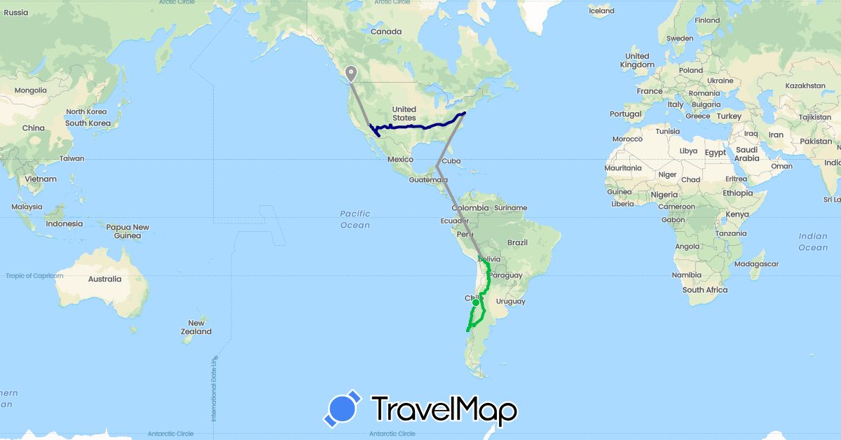 TravelMap itinerary: driving, bus, plane, boat in Argentina, Bolivia, Chile, Mexico, United States (North America, South America)